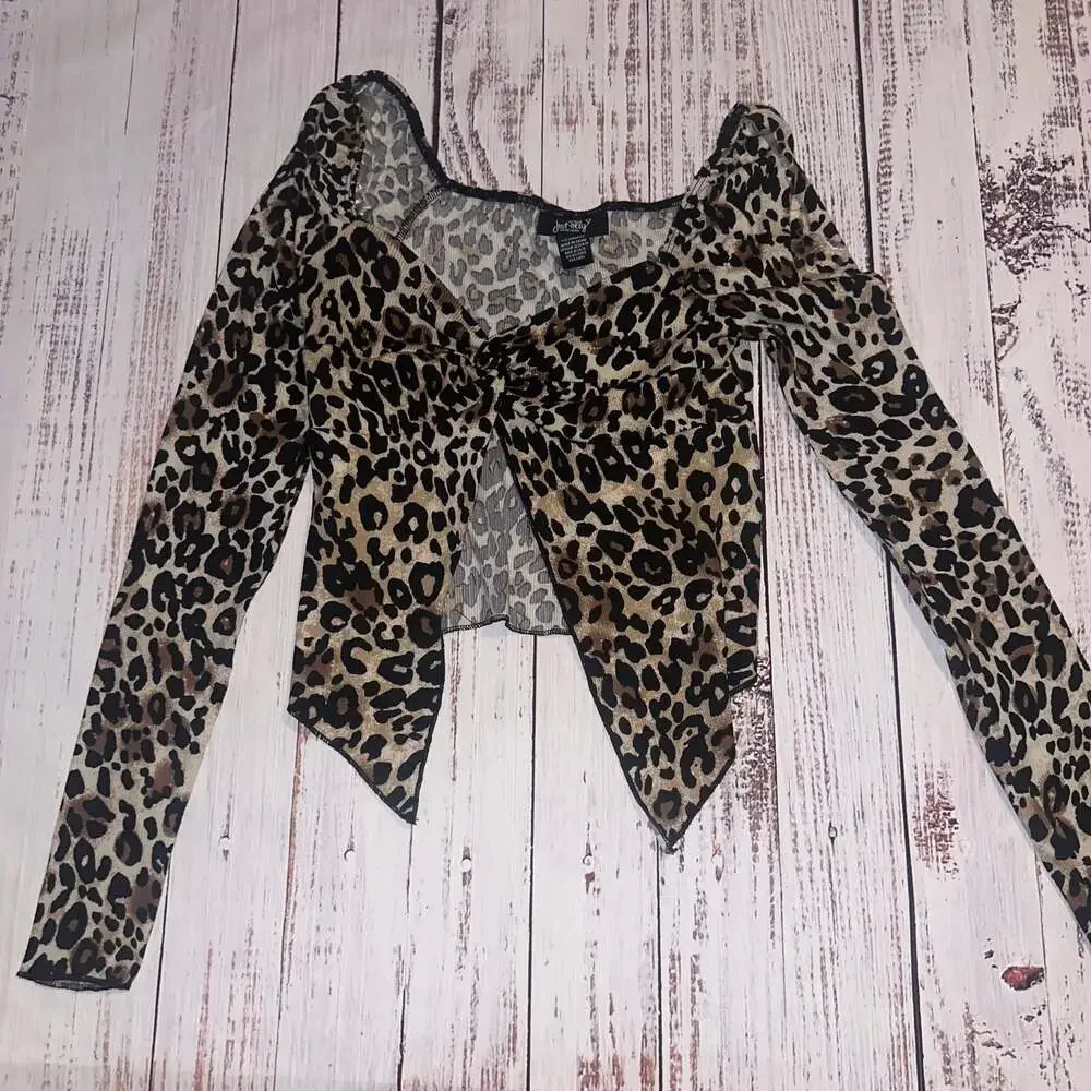 Just Polly Leopard Print Twist Front Ribbed Y2k Fairy whimsigoth Crop Top-S